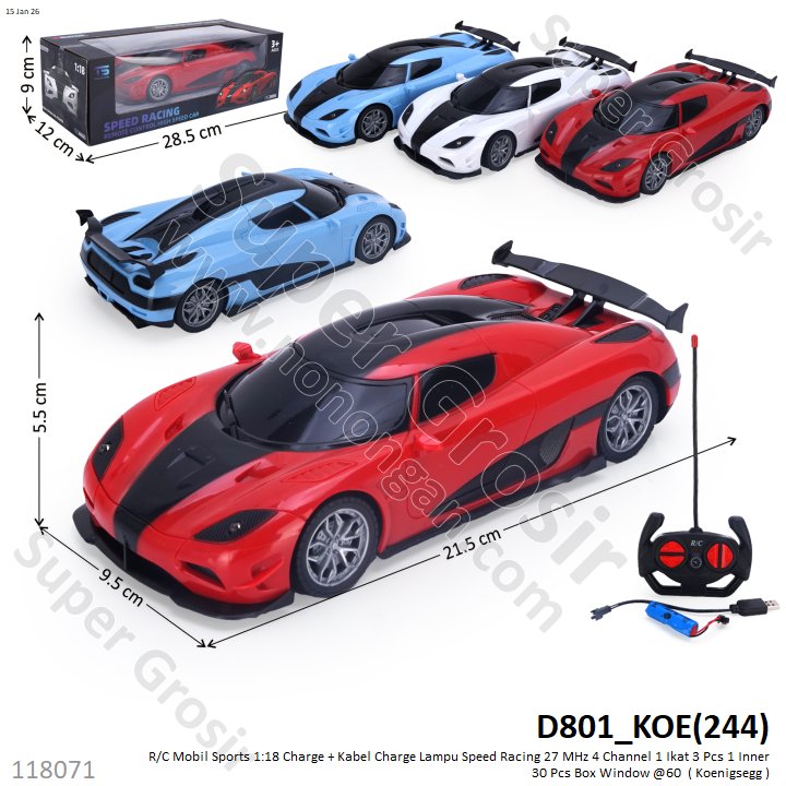 R/C Mobil Sports 1:18 Charge + Kabel Charge Lampu Speed Racing 27 MHz 4 Channel 1 Ikat 3 Pcs 1 Inner 30 Pcs Box Window @60