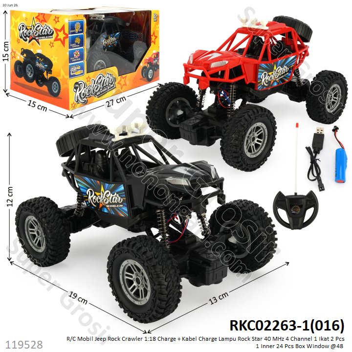 R/C Mobil Jeep Rock Crawler 1:18 Charge + Kabel Charge Lampu 40 MHz / 27 MHz 4 Channel 1 Ikat 2 Pcs 1 Inner 24 Pcs Box Window @48