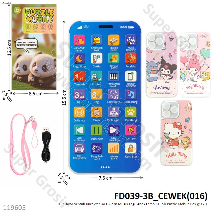 HP Layar Sentuh Karakter B/O Suara Musik Lagu Anak Lampu + Tali Puzzle Mobile Box @120