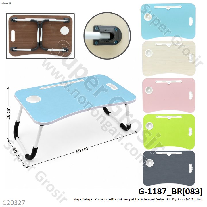 Meja Belajar Polos 60x40 cm + Tempat HP &amp; Tempat Gelas GSF Ktg Opp @10