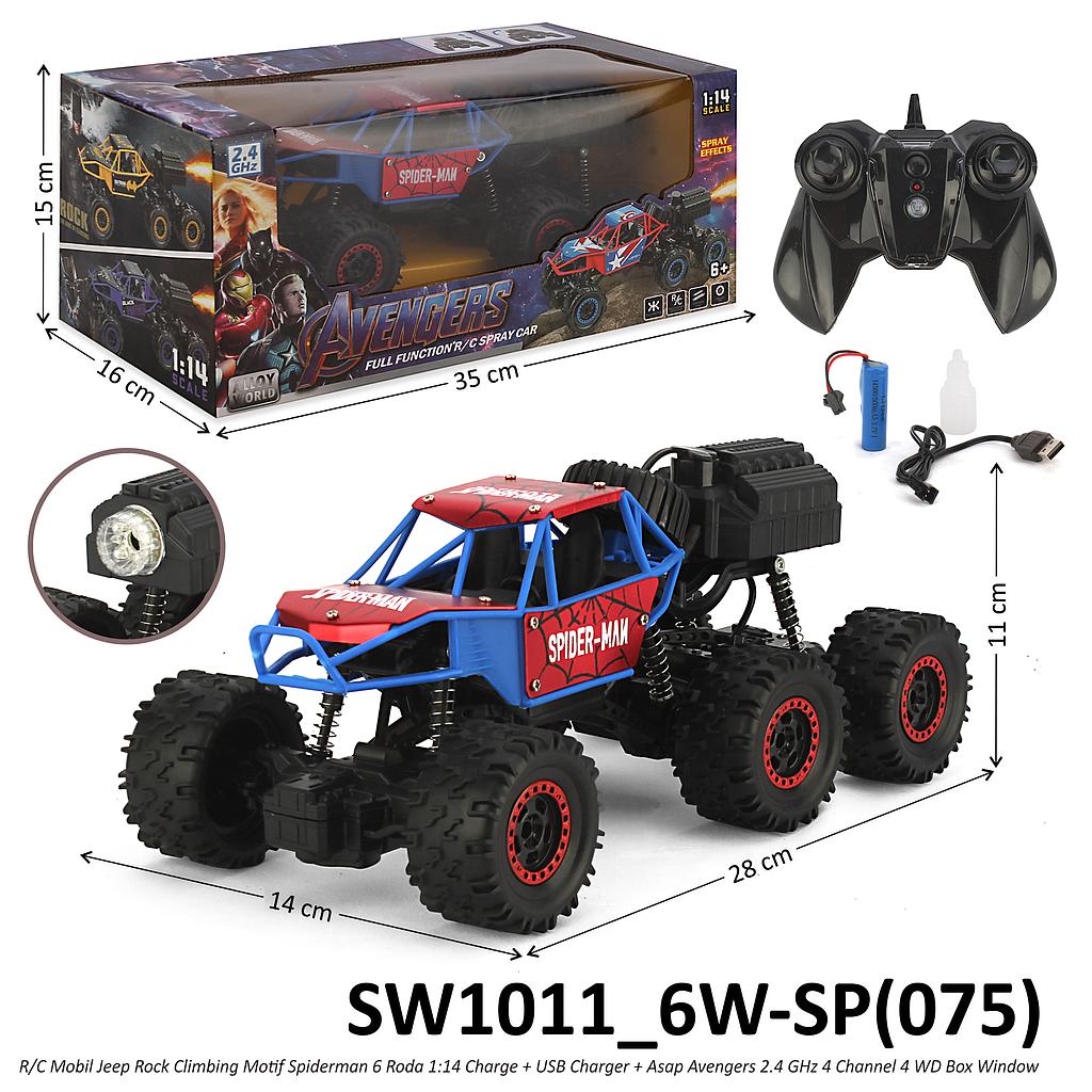 R/C Mobil Rock Crawler 4WD Spiderman 6 Roda 1:14 Charge + Kabel Charge Asap Lampu Avengers 2.4 GHz 5 Channel SW1011 Box Window @24