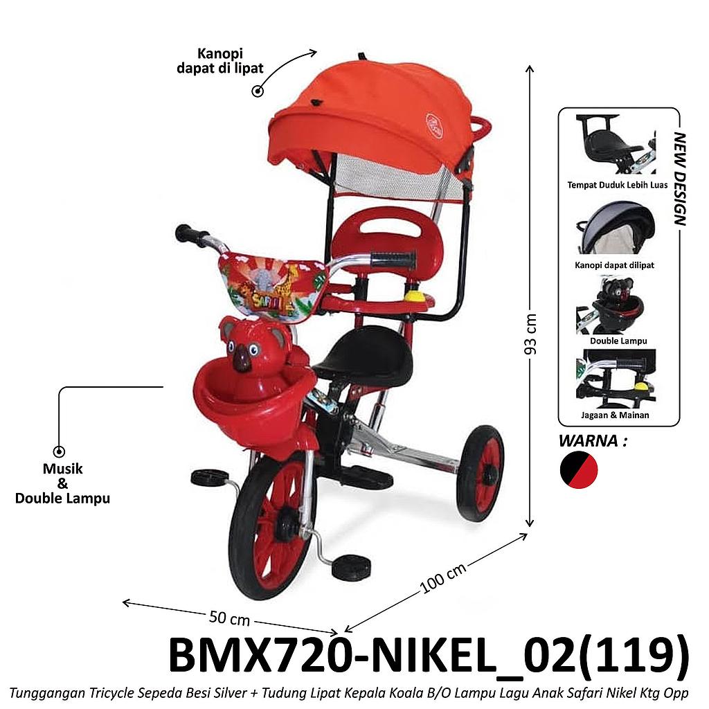 Tunggangan Sepeda Roda 3 Besi Kepala Koala Chrome + Tudung Lipat B/O Lampu Lagu Anak Safari Nikel Ktg Opp @3