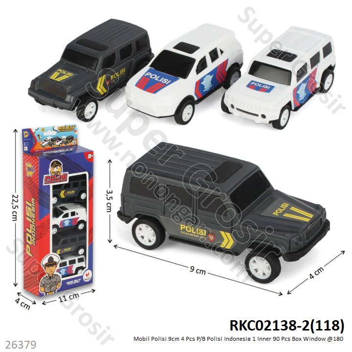 Mobil Polisi 4 Pcs P/B 9 cm Indonesia 1 Inner 90 Pcs Box Window @180