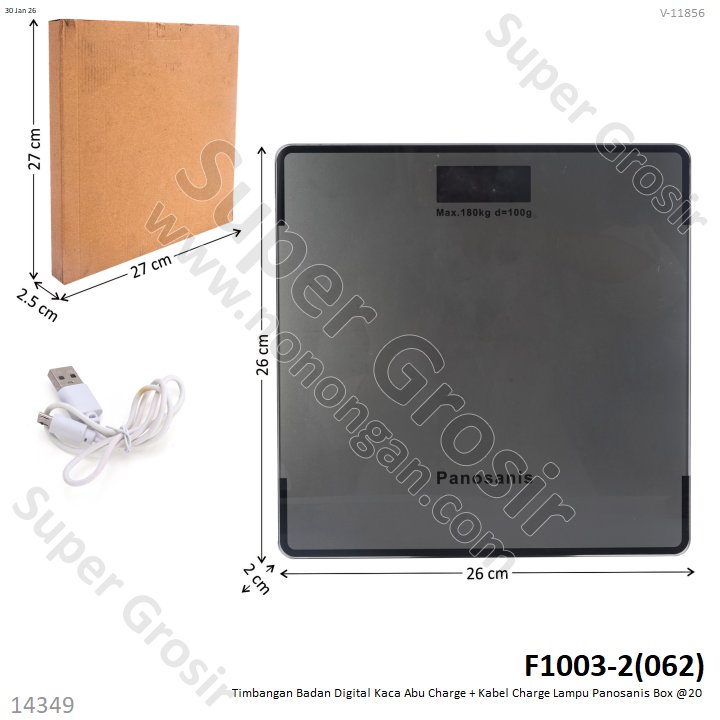 Timbangan Badan Digital Kaca Abu Charge + Kabel Charge Lampu Panosanis Box @20