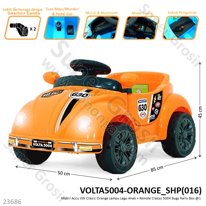 Mobil Aki VW Bettle Orange Lampu Lagu Anak + Remote Classy 5004 Bugs Rally Box @1