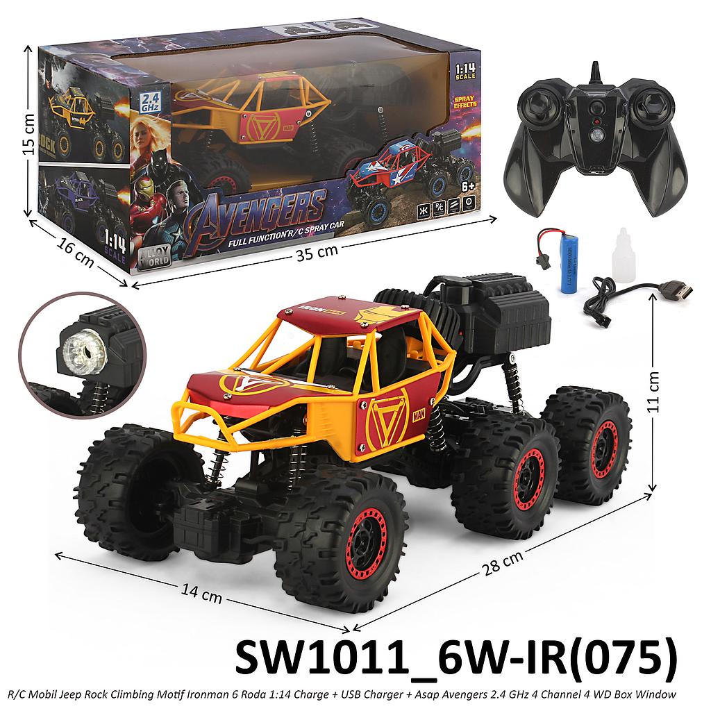 R/C Mobil Rock Crawler 4WD Ironman 6 Roda 1:14 Charge + Kabel Charge Asap Lampu Avengers 2.4 GHz 5 Channel SW1011 Box Window @24