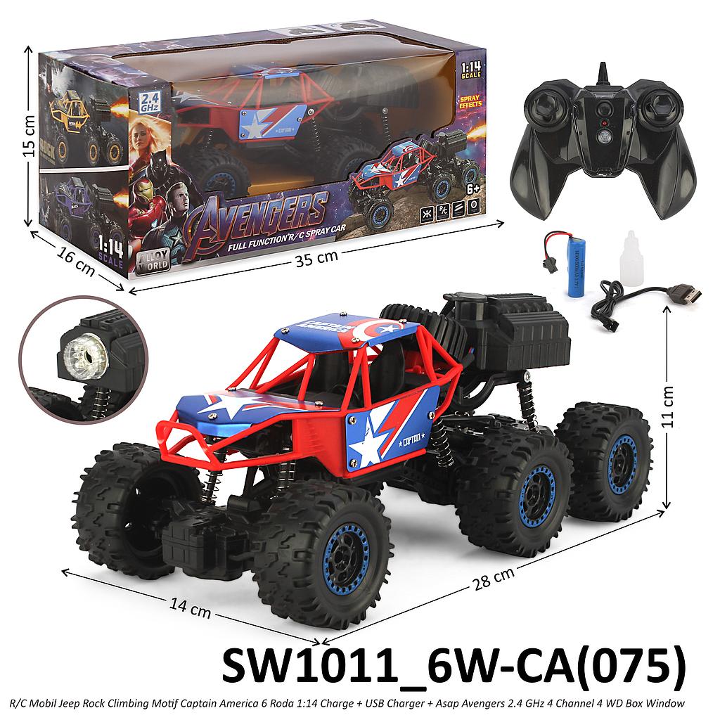 R/C Mobil Rock Crawler 4WD Avengers 6 Roda 1:14 Charge + Kabel Charge Asap Lampu Avengers 2.4 GHz 5 Channel SW1011 Box Window @24