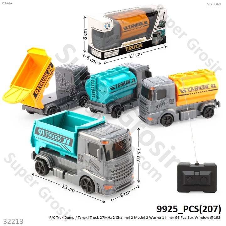 R/C Truk Sanitasi 13 cm Truck 27 MHz 2 Channel 2 Model (Dump / Tangki) 9925 1 Ikat 4 Pcs 1 Inner 96 Pcs Box Window @192