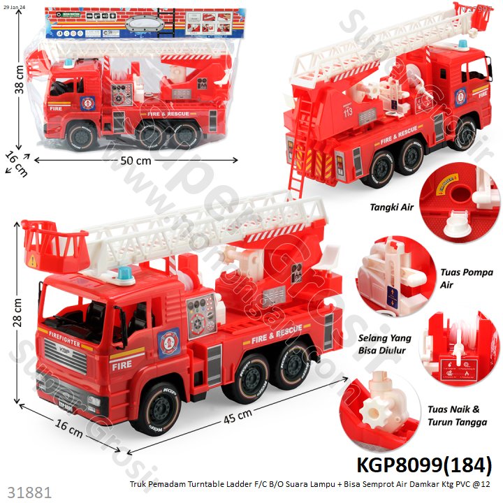 Truk Damkar F/C 45 cm Turntable Ladder Truck B/O Suara Lampu Bisa Semprot Air Damkar Ktg PVC @12