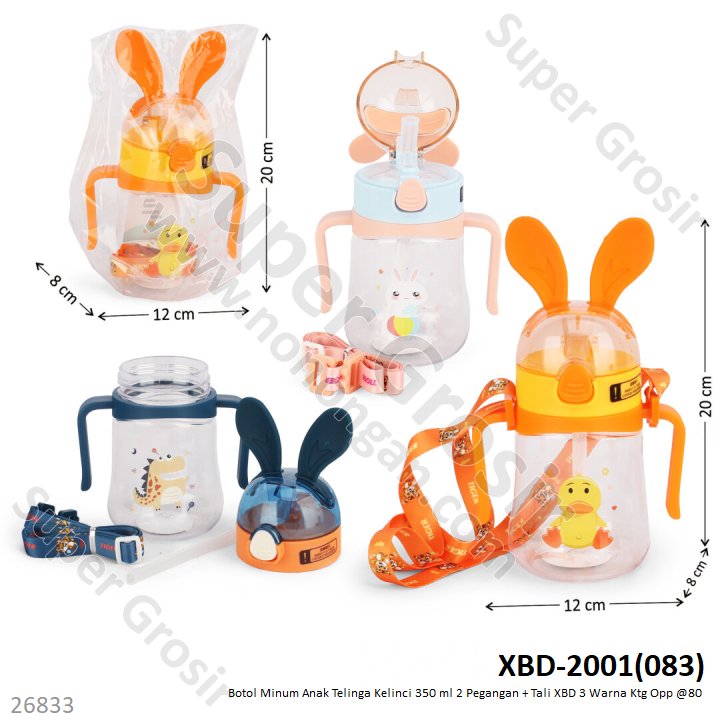 Botol Minum Anak Telinga Kelinci Gambar Karakter 350 ml 2 Pegangan + Tali XBD 3 Warna Ktg Opp @80