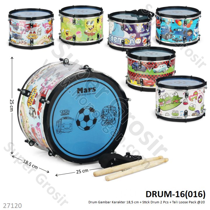 Drum Gambar Karakter 18,5 cm + Stick Drum 2 Pcs + Tali Loose Pack @20