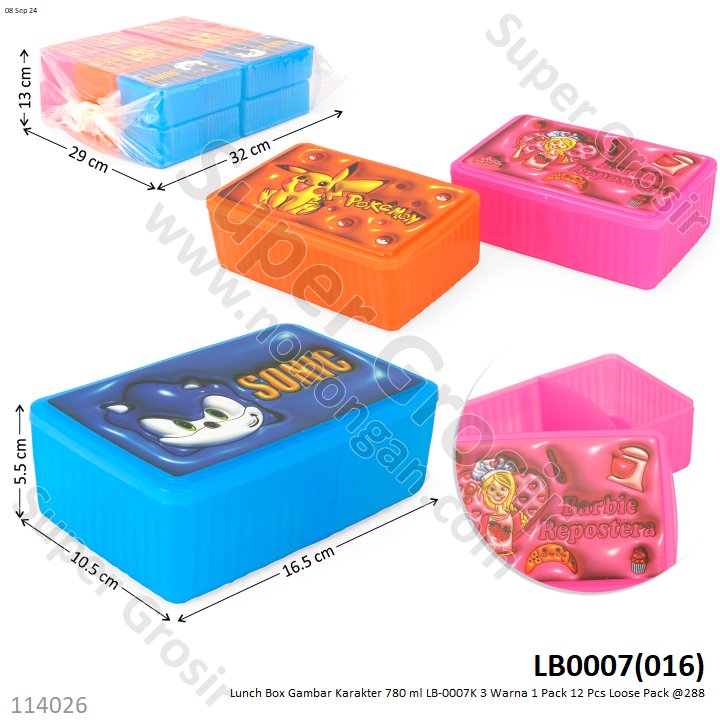 Lunch Box Gambar Karakter 780 ml LB-0007K 1 Pack 12 Pcs Loose Pack @288