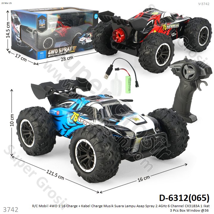 R/C Mobil 4WD 1:16 Charge + Kabel Charge Musik Suara Lampu Asap Spray 2.4GHz 6 Channel CX3183A 1 Ikat 3 Pcs Box Window @36