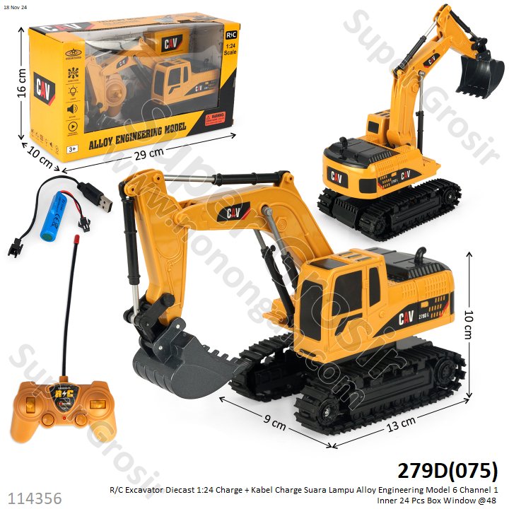 R/C Excavator Diecast 1:24 Charge + Kabel Charge Suara Lampu Alloy Engineering Model 6 Channel Box Window @48