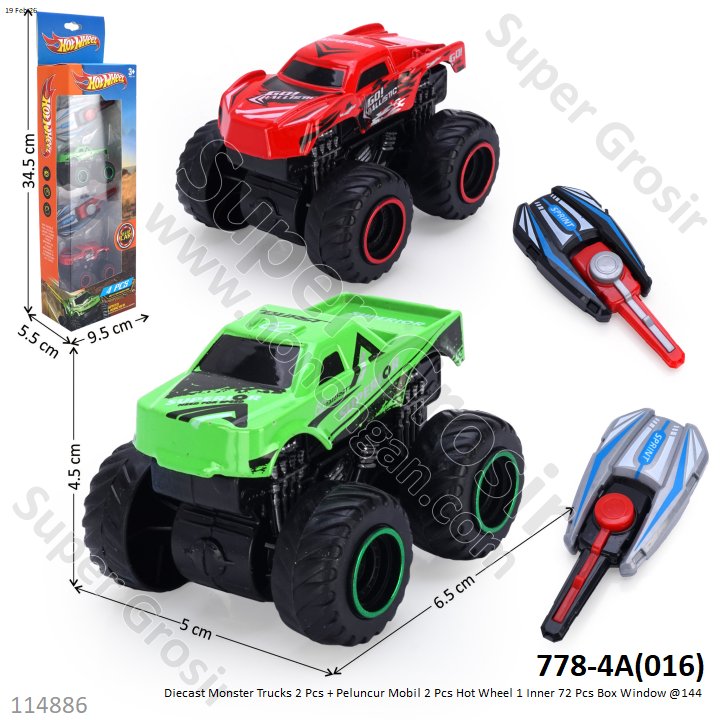 Diecast Monster Trucks 2 Pcs + Peluncur Mobil 2 Pcs Hot Wheel 1 Inner 72 Pcs Box Window @144