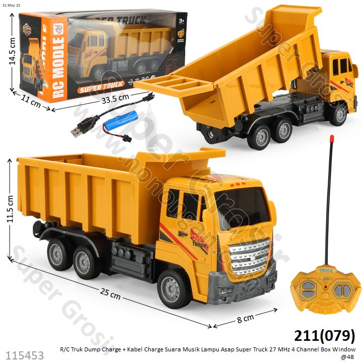 R/C Truk Dump Charge + Kabel Charge Suara Musik Lampu Asap Super Truck 27 MHz 4 Channel Box Window @48