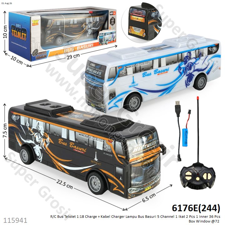 R/C Bus Telolet 1:18 Charge + Kabel Charger Lampu Bus Basuri 5 Channel 1 Ikat 2 Pcs 1 Inner 36 Pcs Box Window @72
