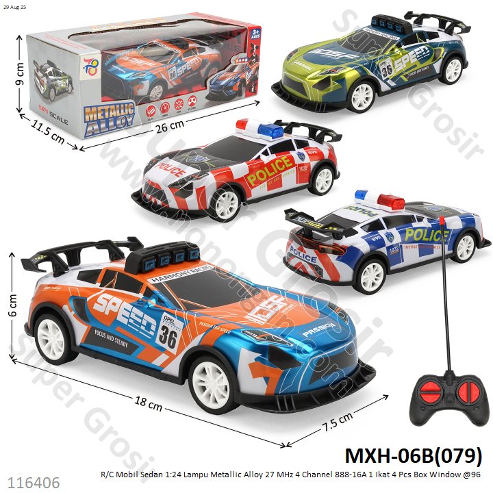R/C Mobil Sedan Diecast 1:24 Lampu Metallic Alloy 27 MHz 4 Channel 888-16A / 12050-10 1 Ikat 4 Pcs Box Window @96