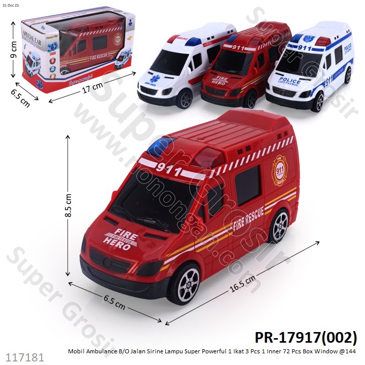 Mobil Ambulance B/O Jalan Sirine Lampu Super Powerful 1 Ikat 3 Pcs 1 Inner 72 Pcs Box Window @144