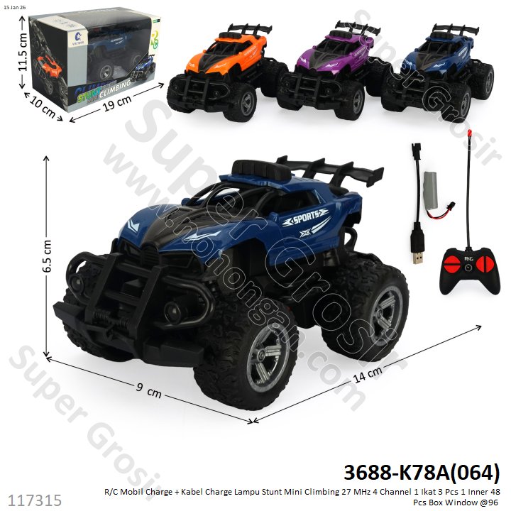 R/C Mobil Charge + Kabel Charge Lampu Stunt Mini Climbing 27 MHz 4 Channel 1 Ikat 3 Pcs 1 Inner 48 Pcs Box Window @96