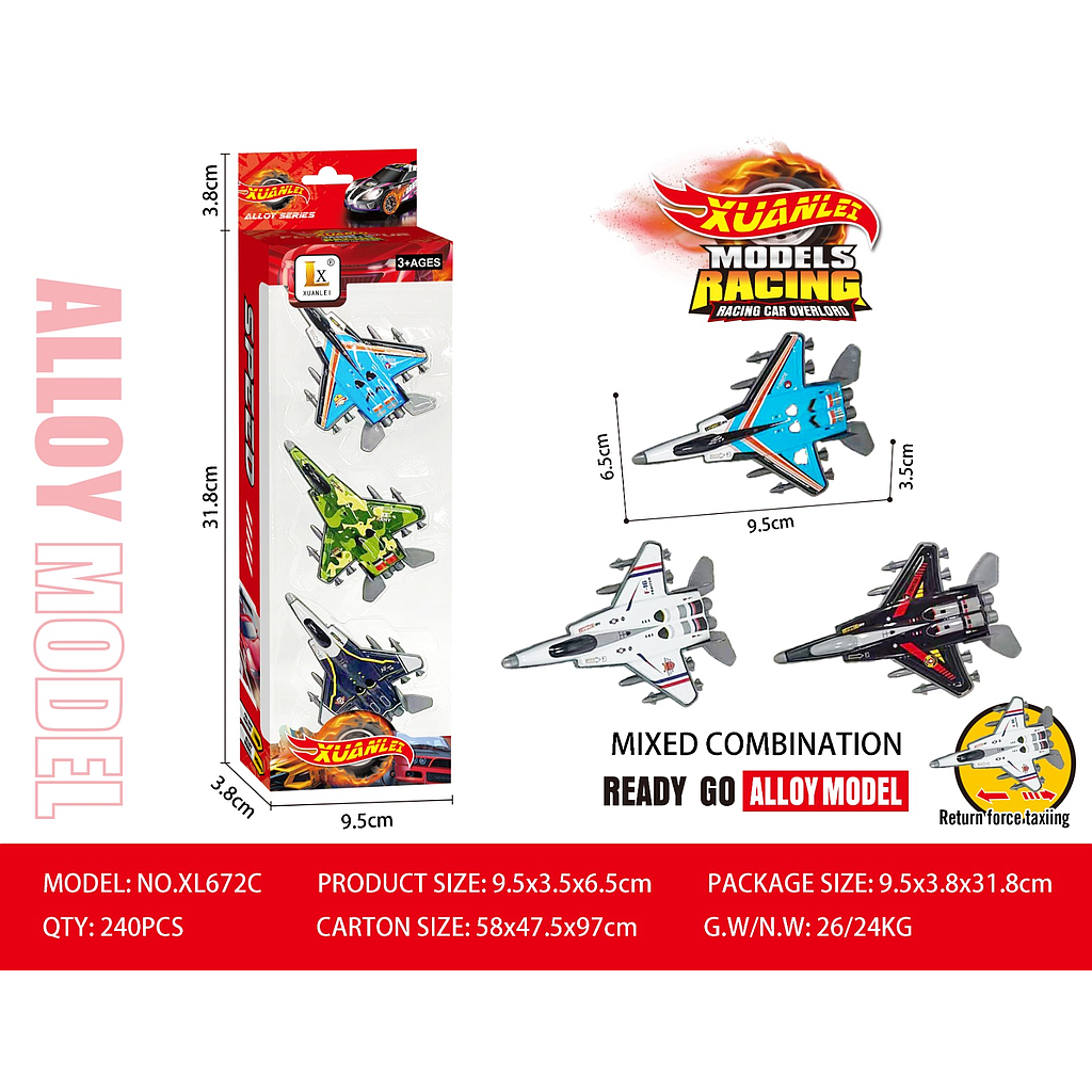 Diecast Pesawat 9,5 cm 3 Pcs P/B Xuanlei XL672 Box Window @108