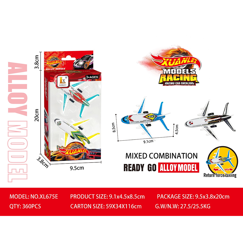 Diecast Pesawat 9,5 cm 2 Pcs P/B Xuanlei XL675 Box Window @360