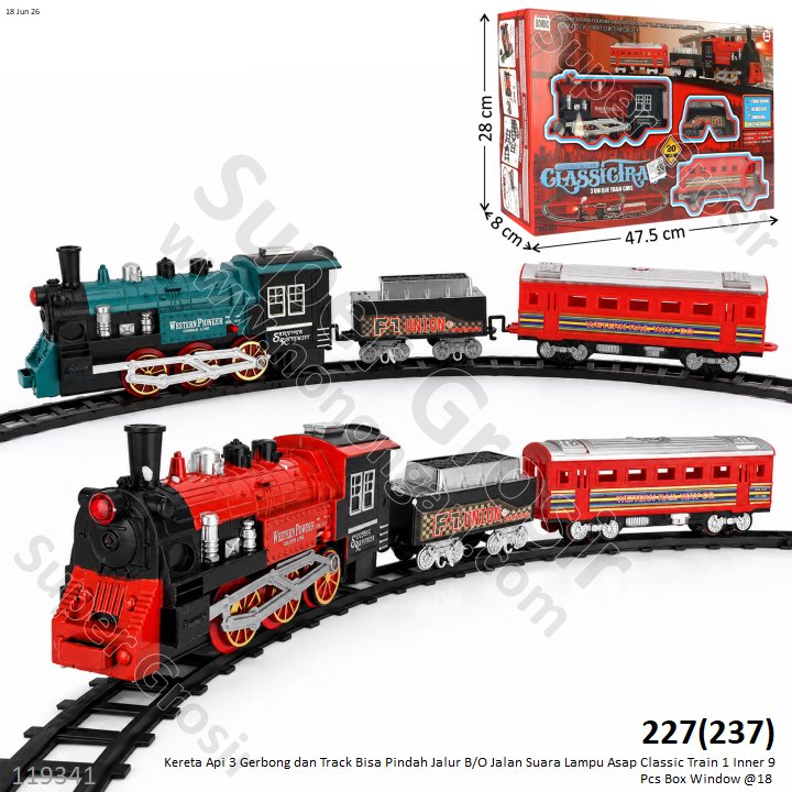 Kereta Api 3 Gerbong dan Track Bisa Pindah Jalur B/O Jalan Suara Lampu Asap Classic Train 1 Inner 9 Pcs Box Window @18