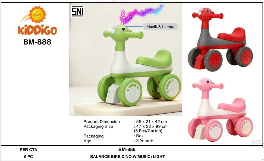 Tunggangan Sepeda Balance Bike Dino B/O Musik Lampu Kiddigo Koli @1