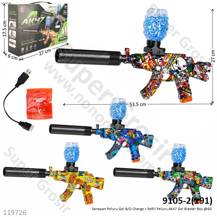 Senapan Peluru Gel B/O Charge + Refill Peluru AK47 Gel Blaster Box @60