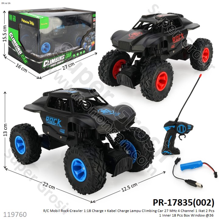 R/C Mobil Rock Crawler 1:18 Charge + Kabel Charge Lampu Climbing Car 27 MHz 4 Channel 1 Ikat 2 Pcs 1 Inner 18 Pcs Box Window @36