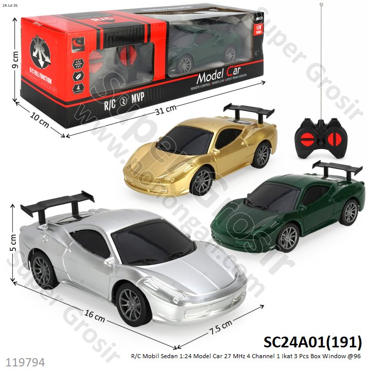R/C Mobil Sedan 1:24 Model Car 27 MHz 4 Channel 1 Ikat 3 Pcs Box Window @96
