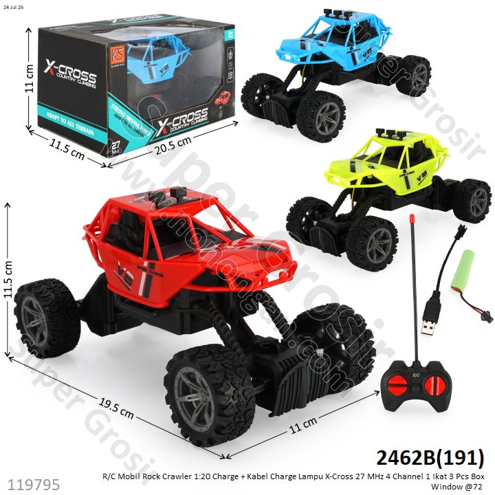 R/C Mobil Rock Crawler 1:20 Charge + Kabel Charge Lampu X-Cross 27 MHz 4 Channel 1 Ikat 3 Pcs Box Window @72