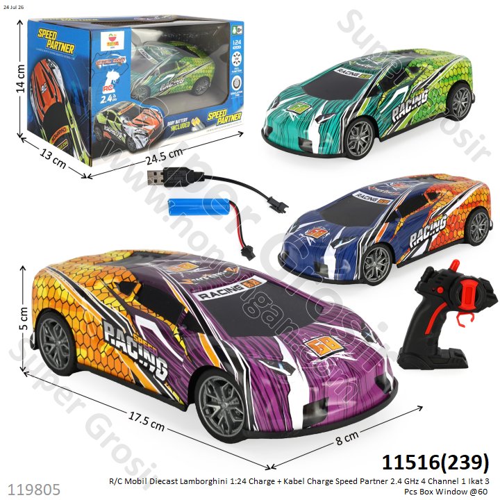 R/C Mobil Diecast Lamborghini 1:24 Charge + Kabel Charge Speed Partner 2.4 GHz 4 Channel 1 Ikat 3 Pcs Box Window @60