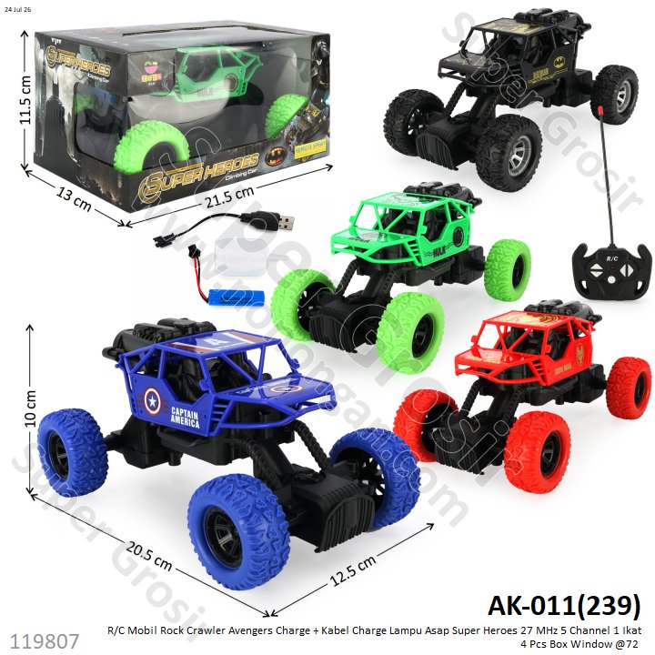 R/C Mobil Rock Crawler Avengers Charge + Kabel Charge Lampu Asap Super Heroes 27 MHz 5 Channel 1 Ikat 4 Pcs Box Window @72