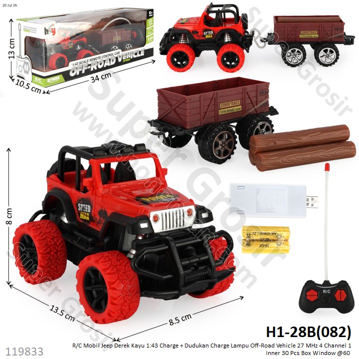 R/C Mobil Jeep Derek Kayu 1:43 Charge + Dudukan Charge Lampu Off-Road Vehicle 27 MHz 4 Channel 1 Inner 30 Pcs Box Window @60
