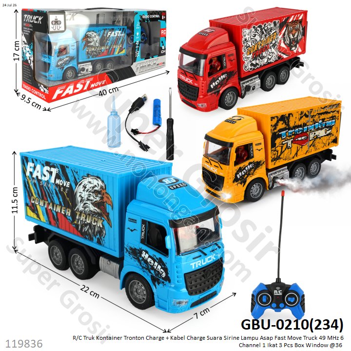 R/C Truk Kontainer Tronton Charge + Kabel Charge Suara Sirine Lampu Asap Fast Move Truck 49 MHz 6 Channel 1 Ikat 3 Pcs Box Window @36