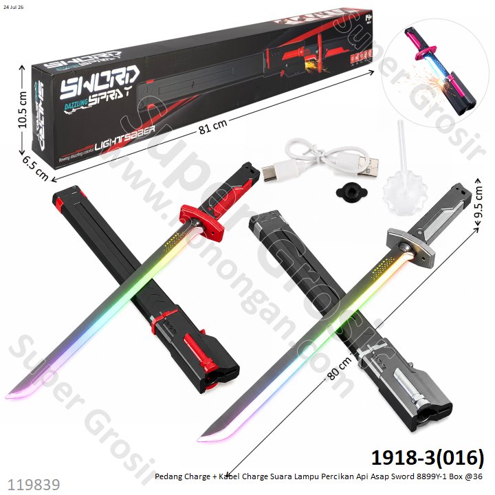 Pedang Charge + Kabel Charge Suara Lampu Percikan Api Asap Sword 8899Y-1 Box @36