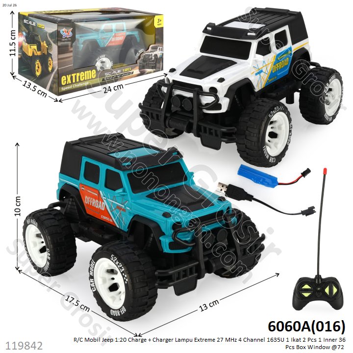R/C Mobil Jeep 1:20 Charge + Charger Lampu Extreme 27 MHz 4 Channel 1635U 1 Ikat 2 Pcs 1 Inner 36 Pcs Box Window @72