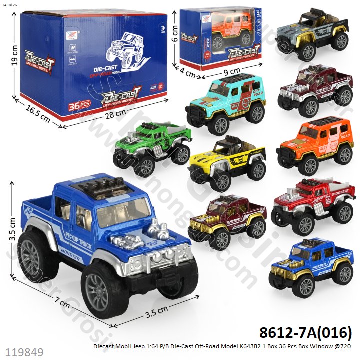 Diecast Mobil Jeep 1:64 P/B Die-Cast Off-Road Model K643B2 1 Box 36 Pcs Box Window @720