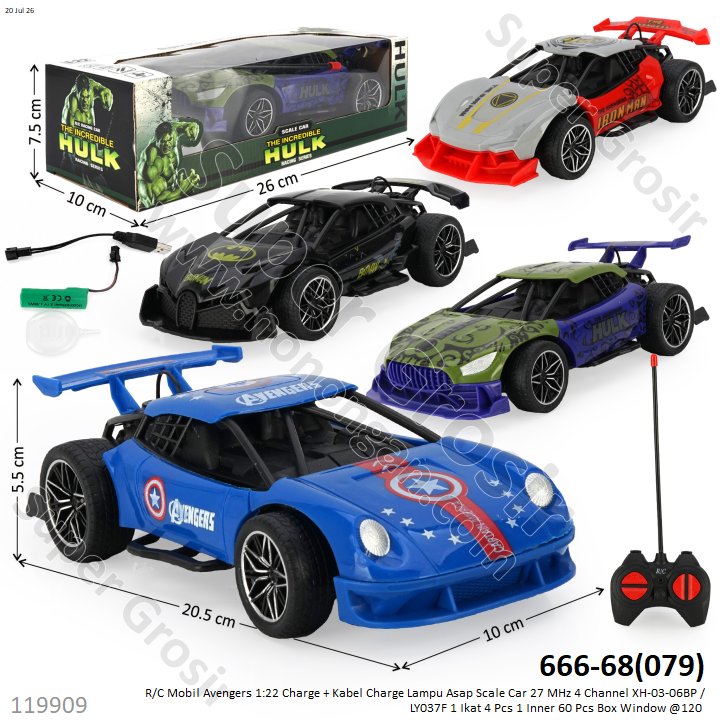 R/C Mobil Avengers 1:22 Charge + Kabel Charge Lampu Asap Scale Car 27 MHz 4 Channel XH-03-06BP / LY037F 1 Ikat 4 Pcs 1 Inner 60 Pcs Box Window @120