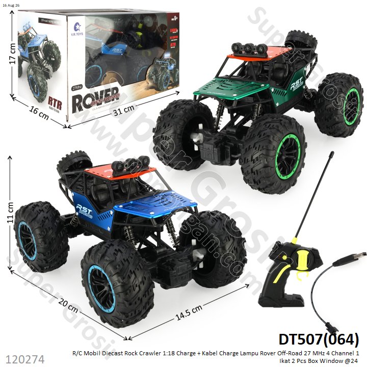 R/C Mobil Diecast Rock Crawler 1:18 Charge + Kabel Charge Lampu Rover Off-Road 27 MHz 4 Channel 1 Ikat 2 Pcs Box Window @24