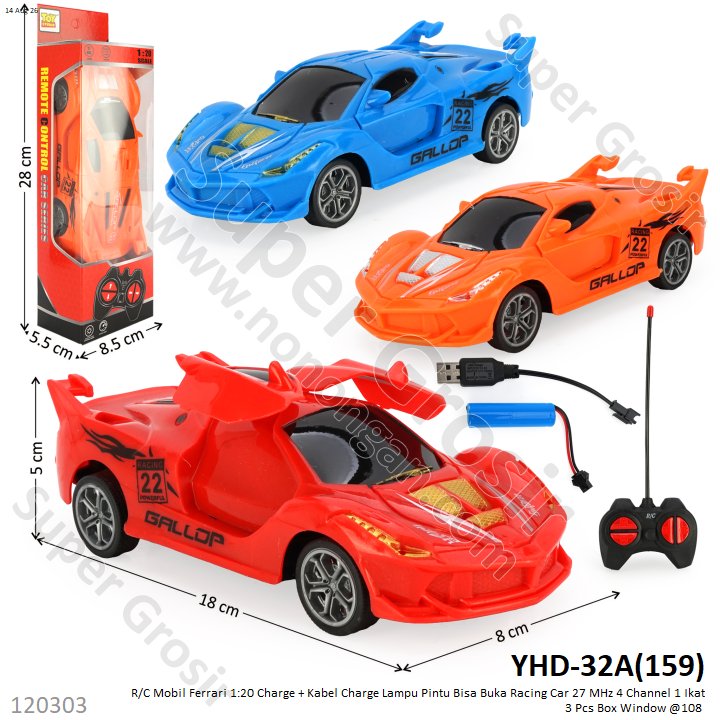 R/C Mobil Ferrari 1:20 Charge + Kabel Charge Lampu Pintu Bisa Buka Racing Car 27 MHz 4 Channel 1 Ikat 3 Pcs Box Window @108