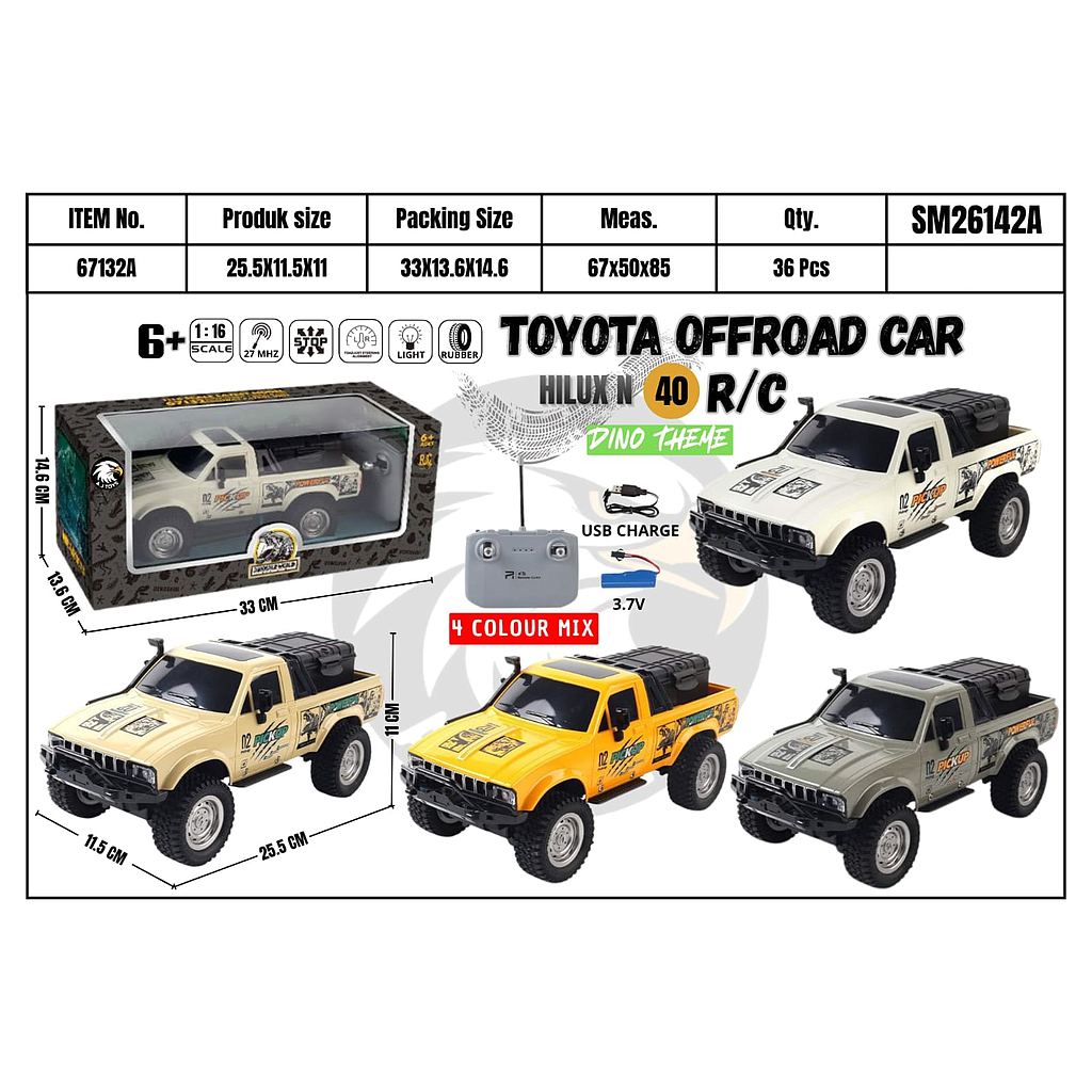 R/C Mobil Toyota Hilux 1:16 Charge + Kabel Charge Lampu Dinosaur World 27 MHz 4 Channel 1 Ikat 4 Pcs Box Window @36