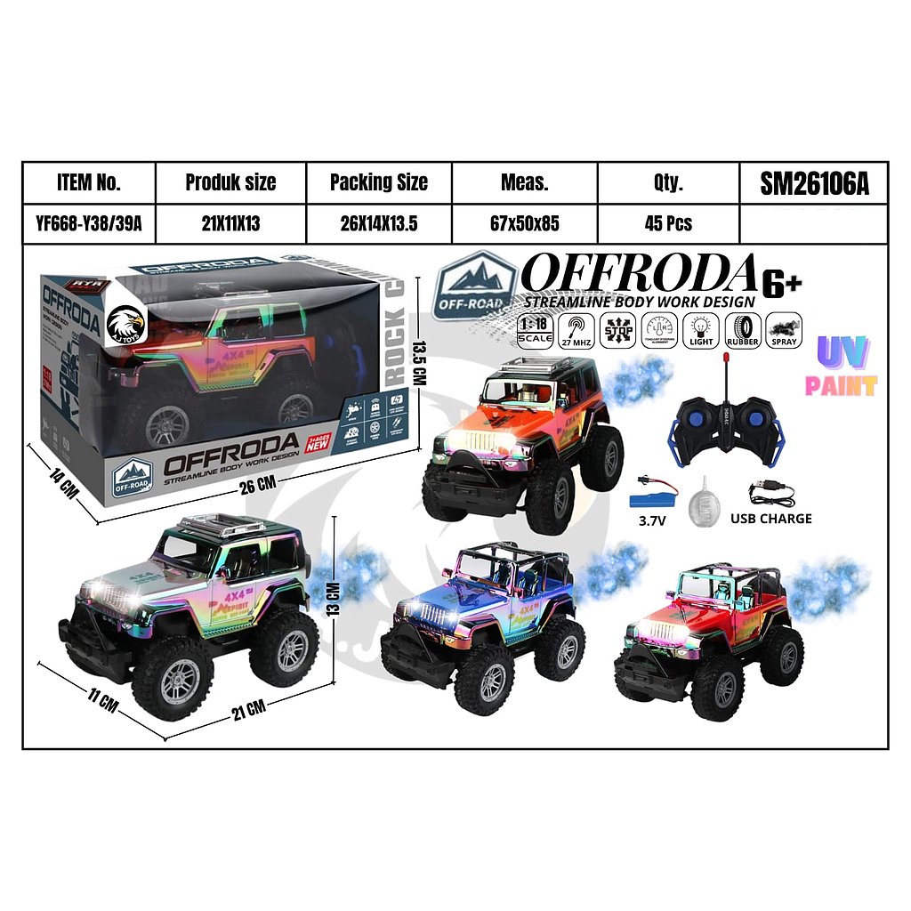 R/C Mobil Jeep 1:18 Metalik Charge + Kabel Charge Lampu Asap Off Road Rock Climbing 27 MHz 4 Channel 1 Ikat 4 Pcs Box Window @45