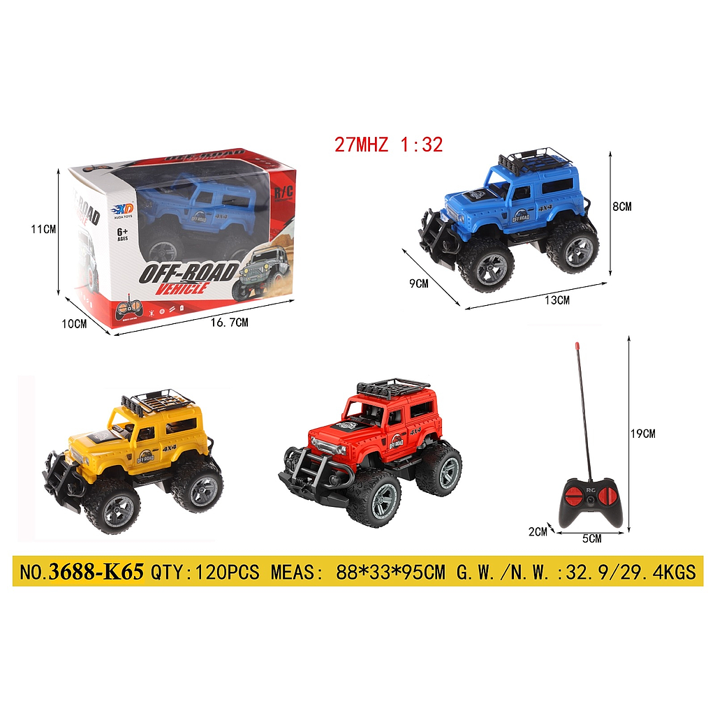 R/C Mobil Jeep 1:32 Lampu Off-Road Vehicle 27 MHz 4 Channel 1 Ikat 3 Pcs 1 Inner 60 Pcs Box Window @120