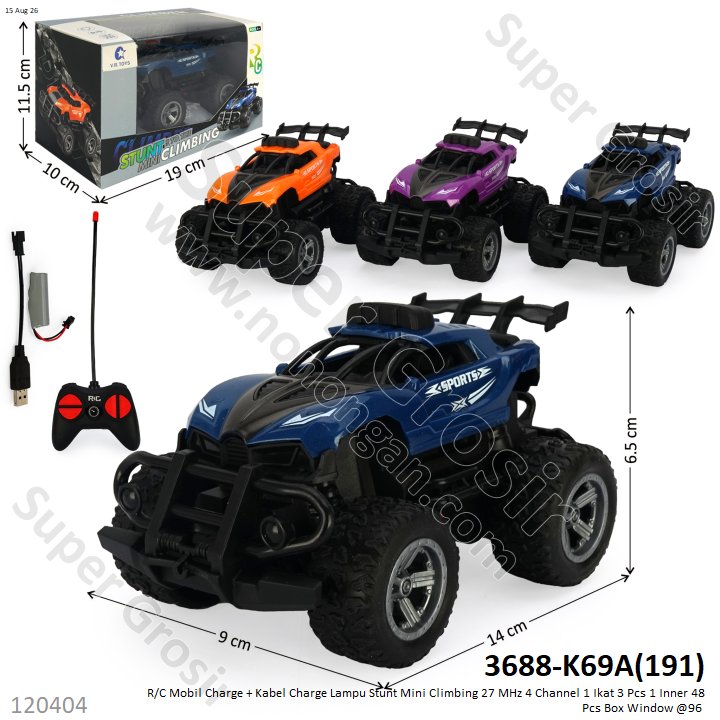 R/C Mobil Charge + Kabel Charge Lampu Stunt Mini Climbing 27 MHz 4 Channel 1 Ikat 3 Pcs 1 Inner 48 Pcs Box Window @96