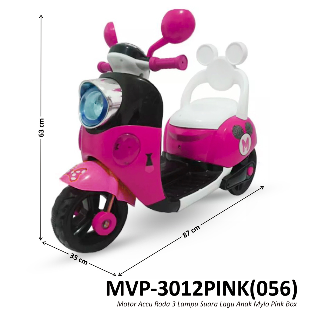 Tunggangan Sepeda Motor Aki Vespa Mickey Mouse Pink Lampu Suara Lagu + Remote Mylo Box @1